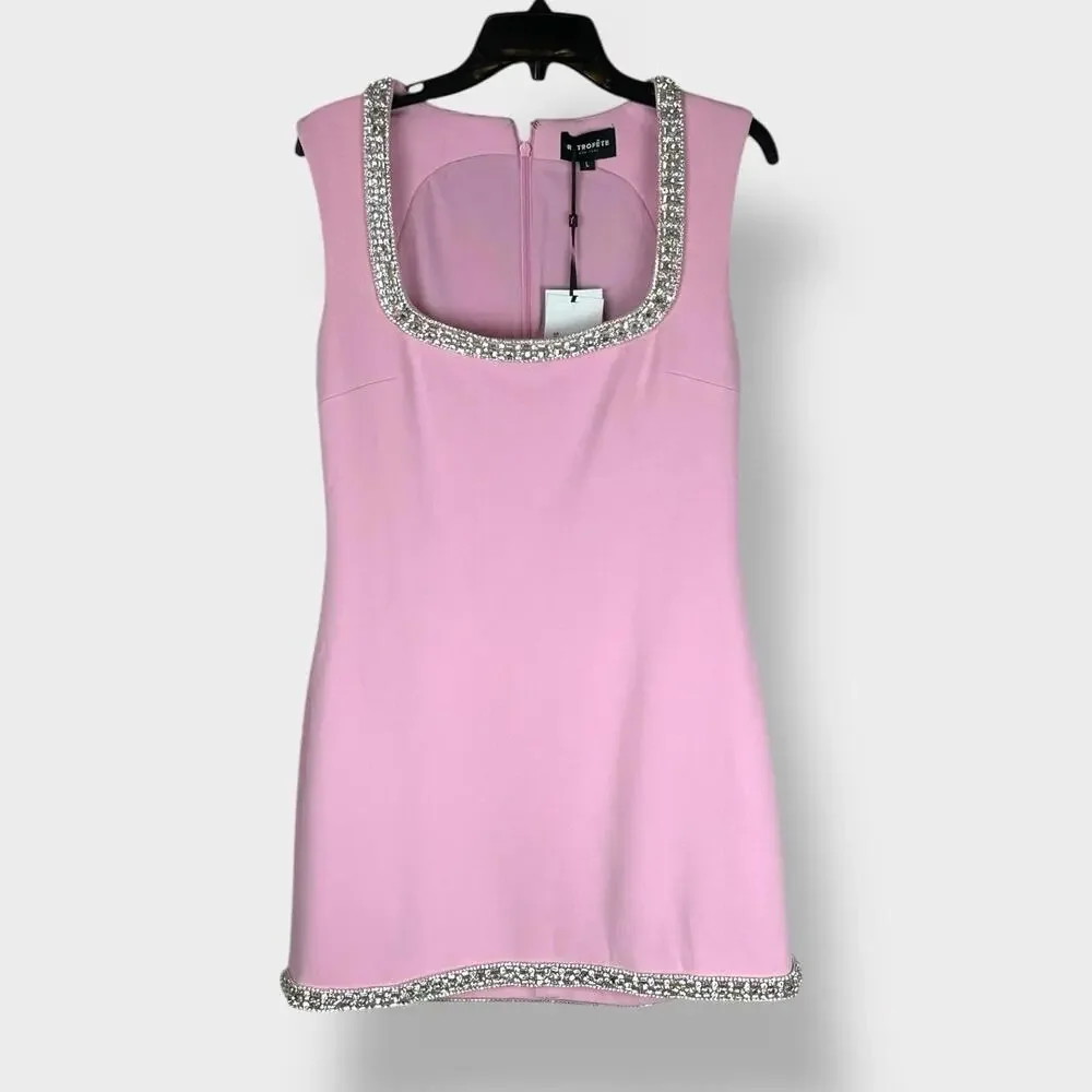 NWT 598 Retrofete Bexley Beaded Crystal Pink Mini Dress Embellished Large - Picture 6 of 14